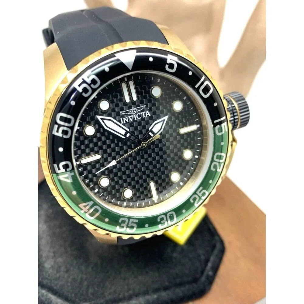 Invicta Men's Watch 35661 Pro Diver Quartz Gold Black Green Bezel Rubber Band